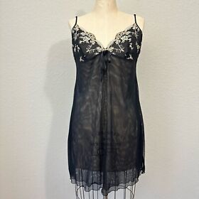LISE CHARMEL Embroidered V-Neck Chemise Dress Black Sheer US 14 ITALY MADE W6521