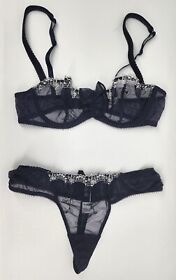 Aubade Womens Dark Blue Lace Lingerie 34B-Cup Bra Set With Thong Model R314 