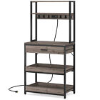 Kitchen Bakers Rack with Power Outlets Drawer Microwave Stand Storage Shelves