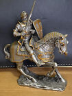 Vintage Large Metal Pewter Medieval KNIGHT in ARMOR on HORSE Statue Figure 
