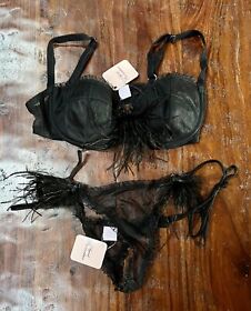 AGENT PROVOCATEUR FIFI Paris Black W/Feathers! Bra 34D, Thong Small, NEW W/TAGS