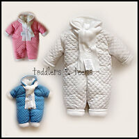 Baby Newborn Boy Girl White Snowsuit Hooded Padded Warm Winter 0 3 6 Months BNWT