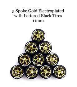 Hot Wheels 5x Electro Gold 5 Spoke Real Riders Wheels w/ Rubber Tires Set 1/64