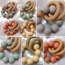 BABY TEETHING RINGS SILICONE AND WOODEN RINGS TEETHER TOY FOR BABY SET OF 3