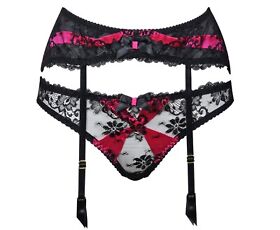 Agent Provocateur Classic Maddy Suspender AP Size 4 Black Fuchsia Pink Lace BNWT