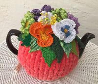 Handmade Tea Cozy Spring Flowers Mix  Bright Salmon Base From Ukrainian Designer