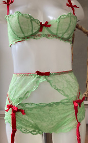 Agent Provocateur LOVE demi bra 34C briefs suspender belt MINT green red vintage