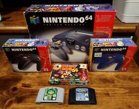 Nintendo 64 N64 Console + Controllers w Boxes Lot (Donkey Kong 64, WWF No Mercy)