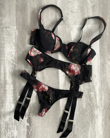 Agent Provocateur Silk Black Pink Floral 3 Piece Set Bra Suspender Thong 34B