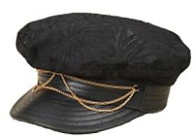 Agent Provocateur Hat Leather Fiddler cap with gold chain and Black floral Lace 