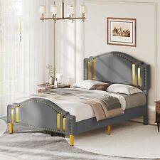 Upholstered Bed Frame Queen Size Platform with Velvet Headboard Wooden Slat Grey