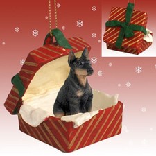 Doberman Pinscher Black with Cropped Ears Box Red Ornament