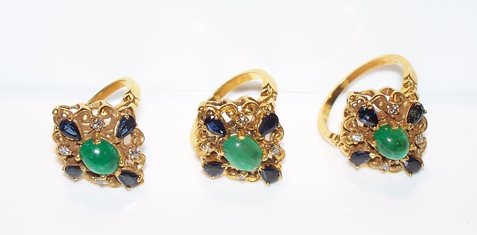 NEW 1987 $1950 FABERGE 14K GOLD RING 4 DIAMOND Carat CABOCHON EMERALD 4 SAPH 7.5