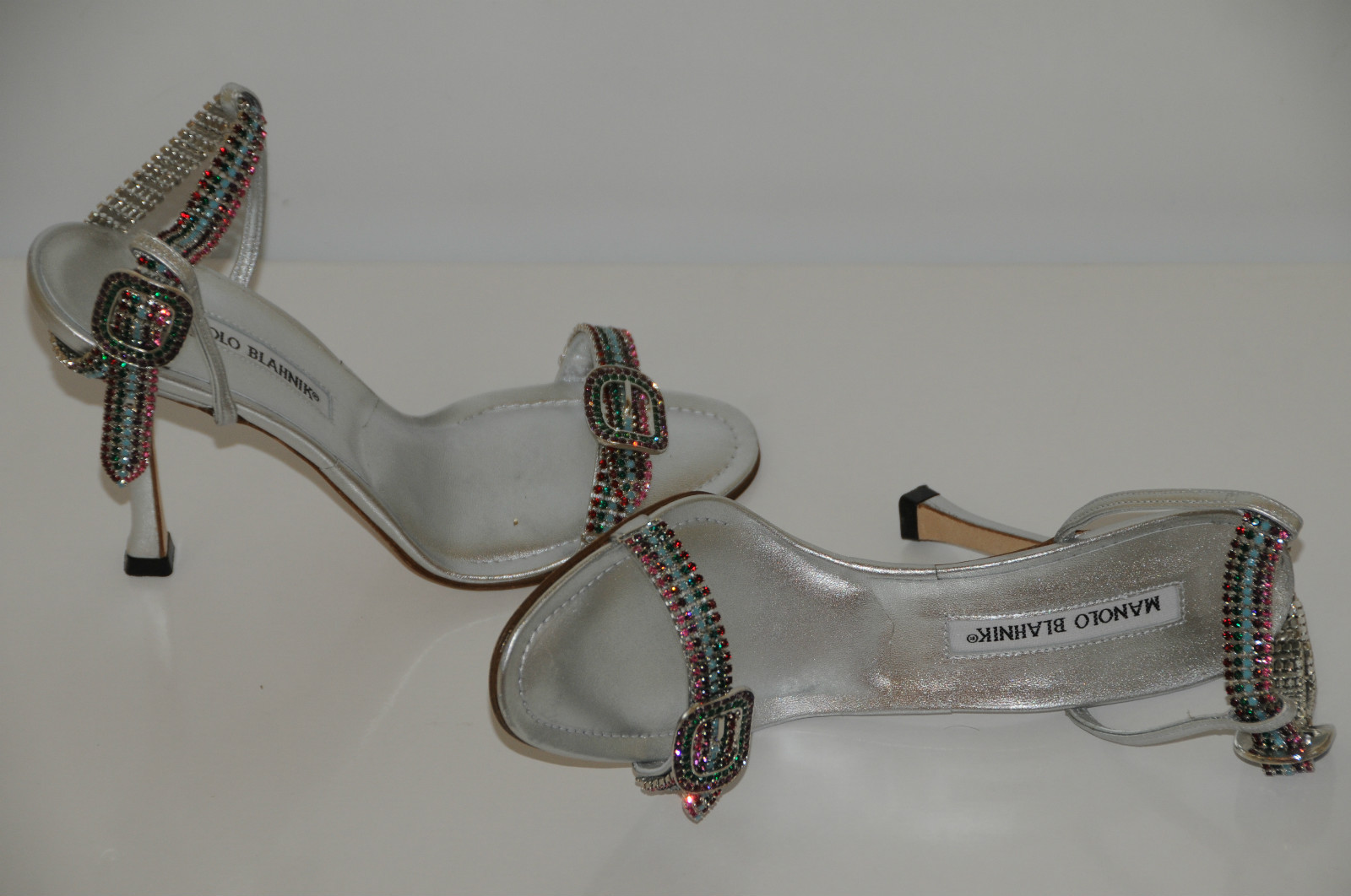 Pre-owned Manolo Blahnik $1878  Jeweled Crystals Silver Janetba Shoes 38.5 8 Wedding