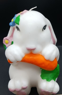 Vintage Easter Bunny Candle 6.5'' White w/Carrot Flowers Robert Allan Candle NOS