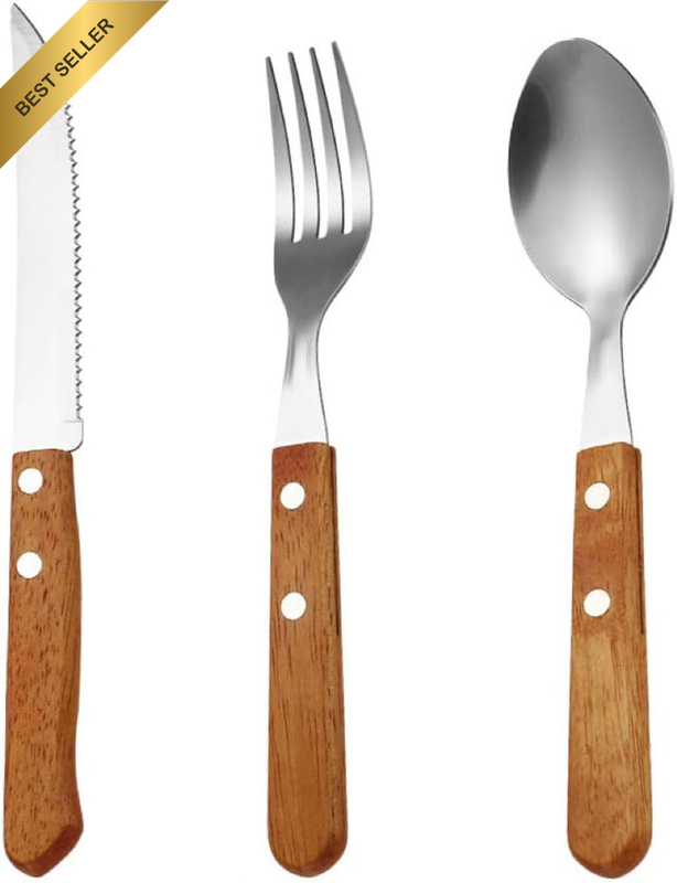 Cutlery Sets of 3, Dinner Spoons, Knife and Fork Set, Stainless Steel with Woode