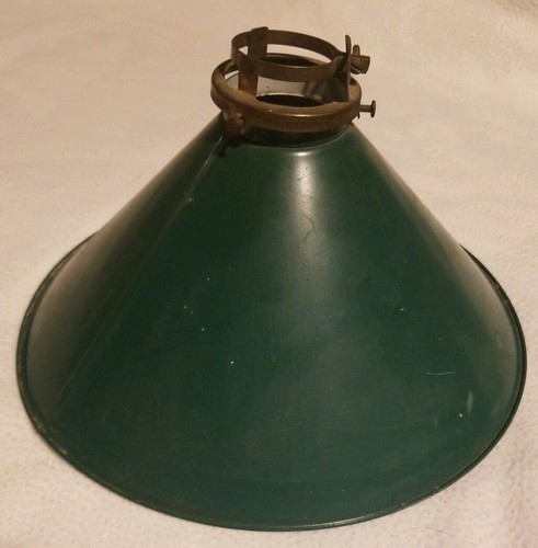 ANTIQUE INDUSTRIAL TIN LAMP SHADE WITH BRASS RING OLD GREEN VINTAGE PAINT