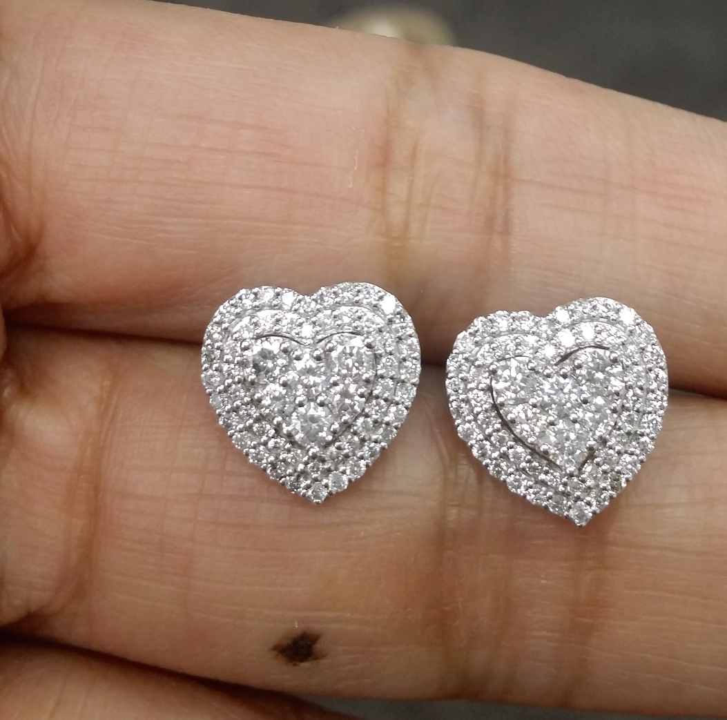 Pre-owned Handmade Deal 1.00ct Genuine Diamond Cluster Heart Studs Earrings 14k White Gold 10mm
