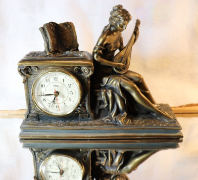 VINTAGE CROSA MANTLE CLOCK BRONZE BRASS LADY PLAYING MANOLIN EXQUISIVE DETAIL