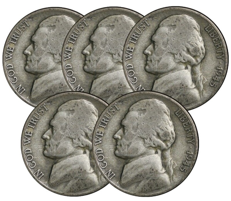 LOT OF 5) 1942-1945 Wartime 35% WWII Jefferson War Silver Nickel