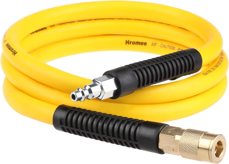Hybrid Lead Air Hose 3/8 Inch with Quick Coupler and Plug Yellow Whip Compressor