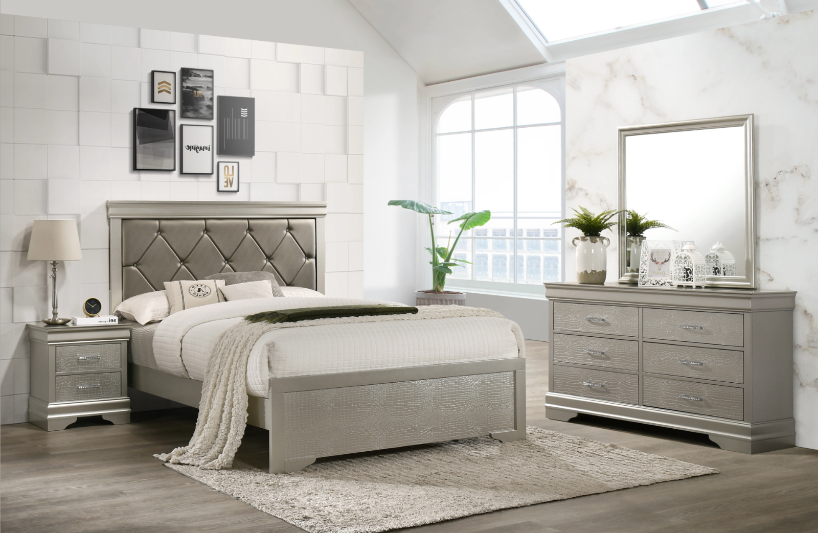 NEW Champagne Gold 4PC Queen King Twin Full Modern Glam Bedroom Set Bed/D/M/N
