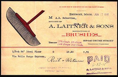 Detroit  1915 A Laitner Sons  Brushes -  Color Vintage Letter Head Bill