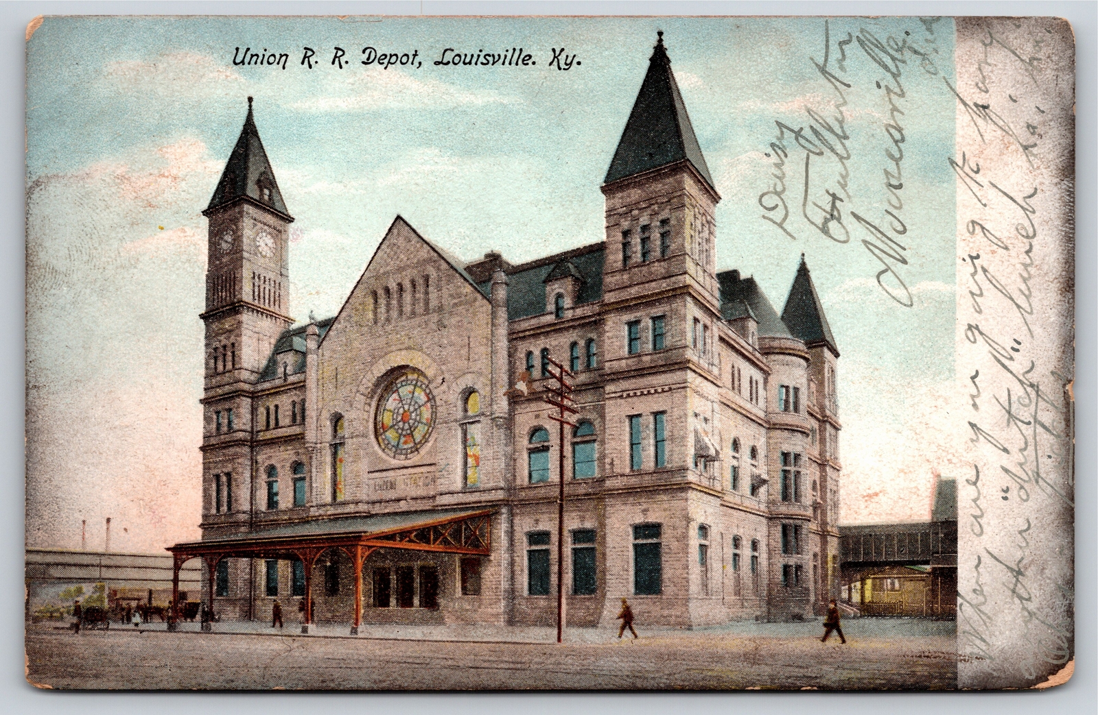 Louisville KY~Union Railroad Depot~Clock Tower~Turrets~Rose Window~1910 UDB PC