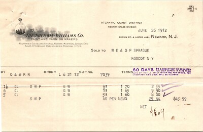 Sherwin Williams Co Newark NJ 1912 Billhead Paint and Varnish Makers
