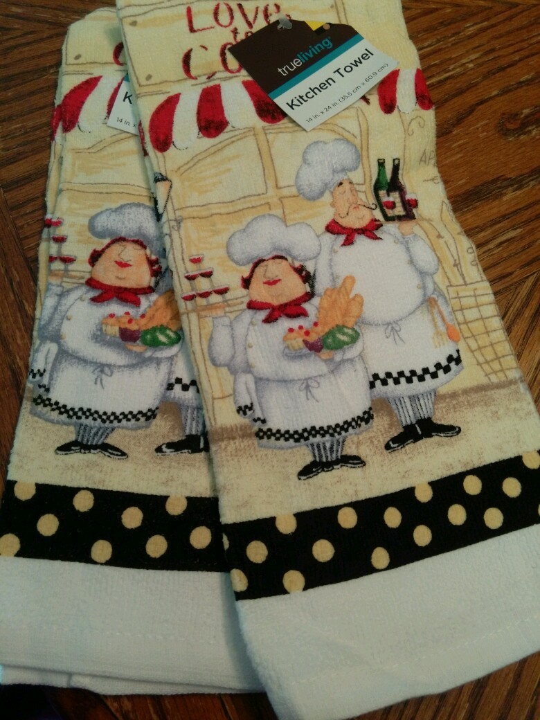 5 pc Fat Chef CUP & TOWEL SET 2 towels, 1 Pot holder, 2 COFFEE CUPs WITH SPOON