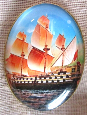 XL GLASS DOME BUTTON -  BEAUTIFUL CLIPPER SHIP W LG ''PUMPKIN'' SAILS & BLUE SKIES