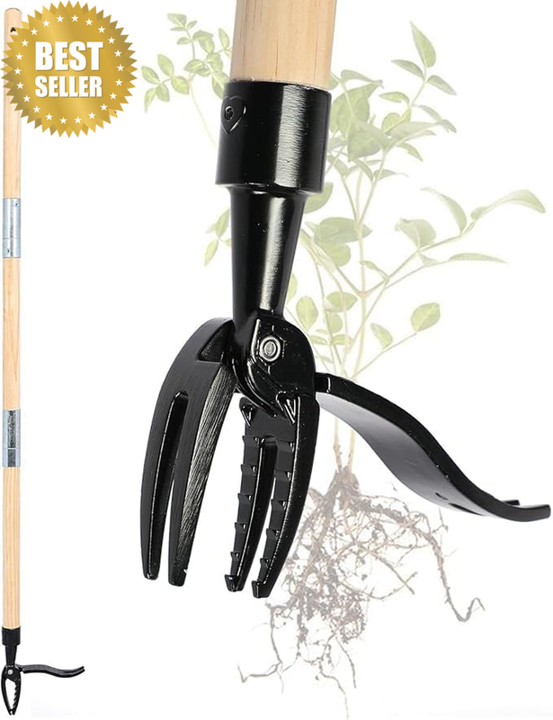 Weed Puller Tool with Iron Rest, Heavy Duty 4 Claw Steel Head Weeder Tool, Woode