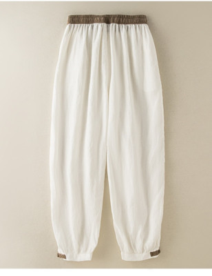 Ladies Cotton Linen Harem Pants Drawstring Casual Cropped Tapered Trousers Retro