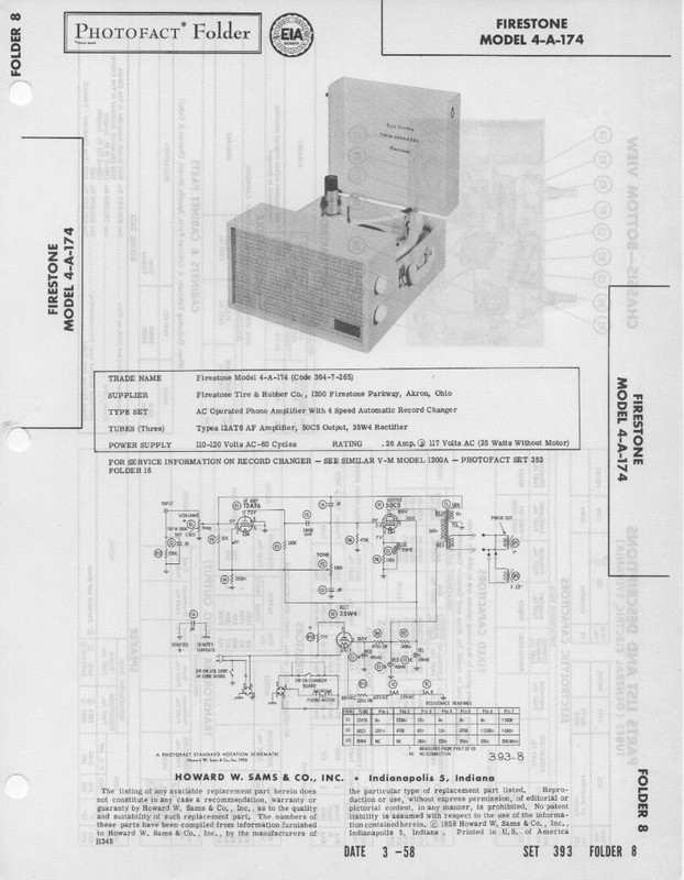 1958 FIRESTONE 4-A-174 RECORD PLAYER CHANGER SERVICE MANUAL PHOTOFACT SCHEMATIC