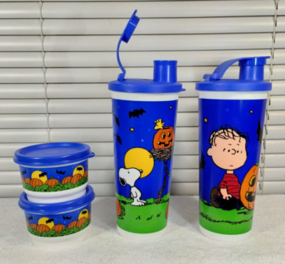 Tupperware Peanuts Halloween 16oz Tumblers with Snack Cups. Set of2. New! Rare!