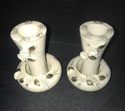 Vintage Beige Porcelain Candle Holders Hand Painted Gold w Raised Flowers
