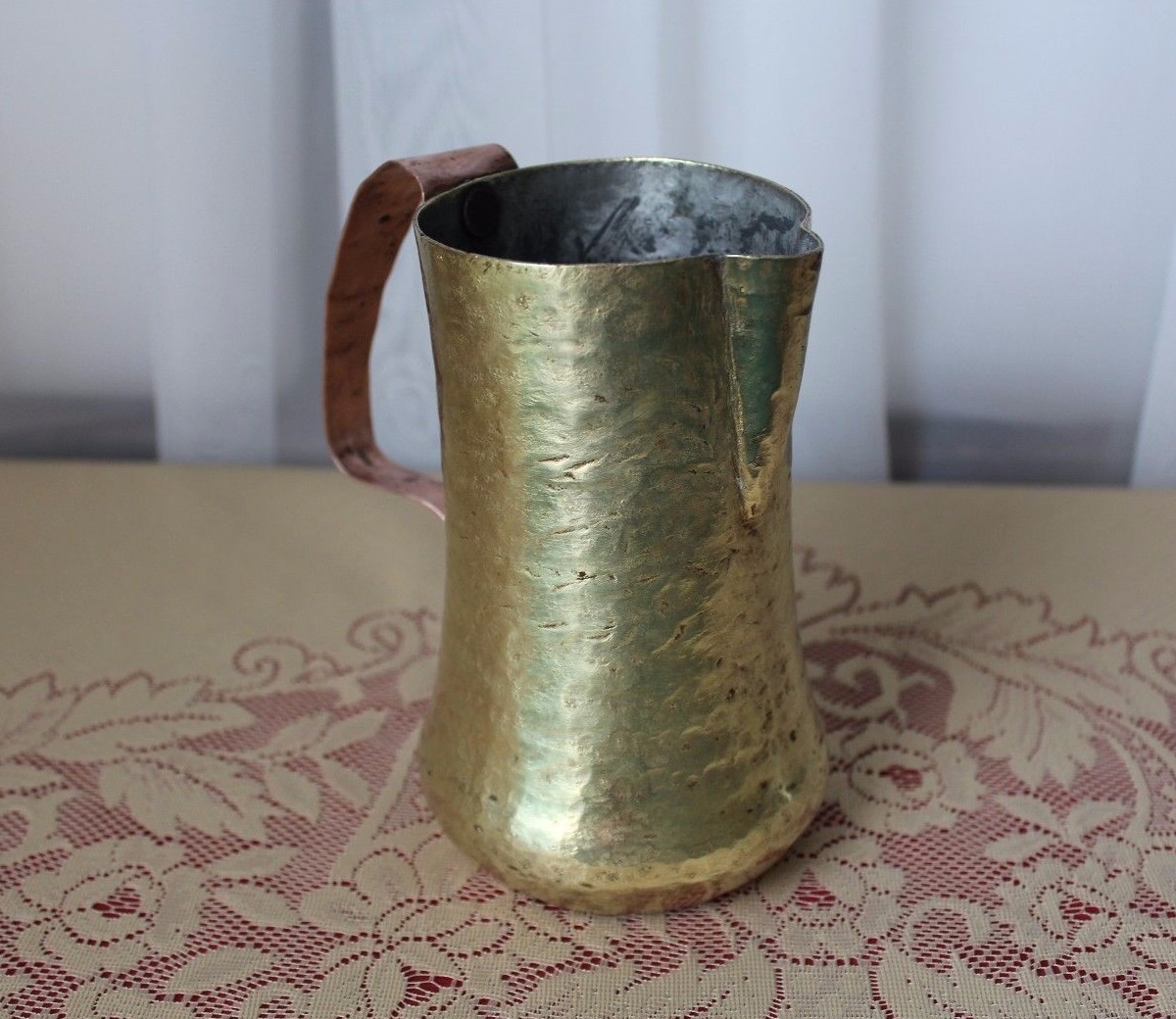 Antique Rustic Hammered Brass & Copper Trench Art WW I Pitcher Mug Primitive