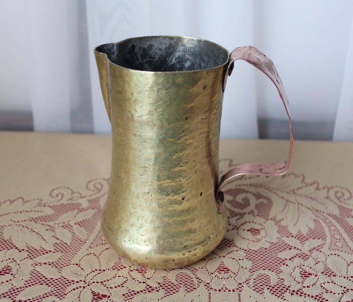 Antique Rustic Hammered Brass & Copper Trench Art WW I Pitcher Mug Primitive