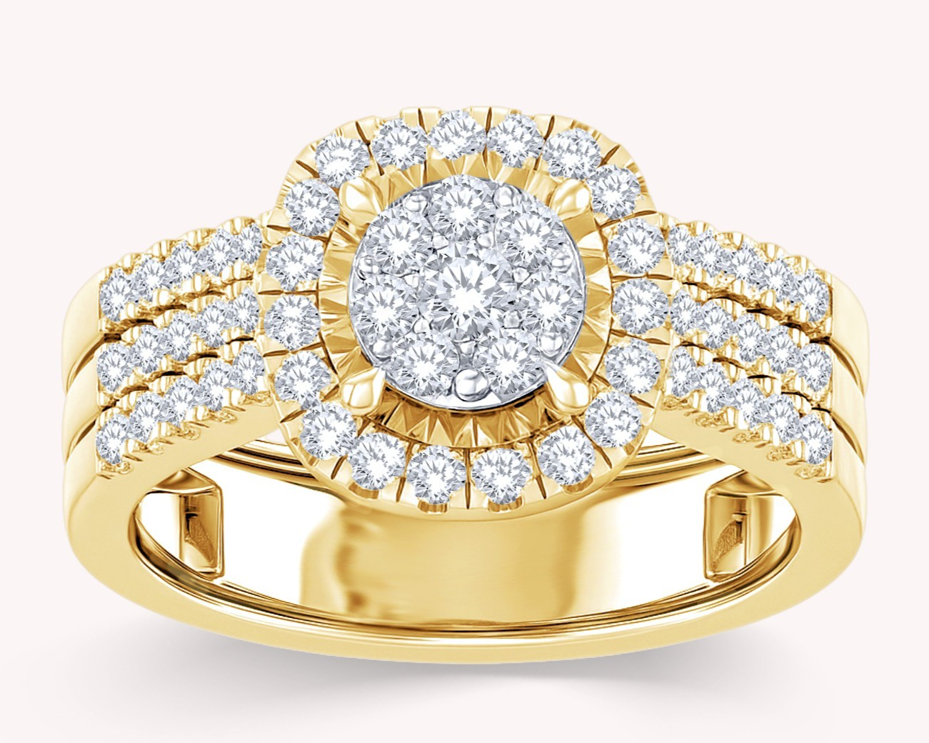 1 Ct Round Cut Diamond Cushion Shaped Ring Set 10K Yellow Gold Lab-Grown