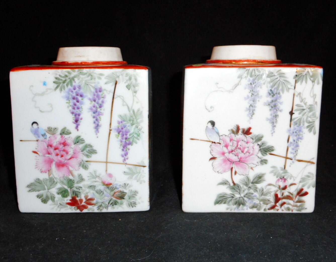 Pr. Unusual Antique Japanese Tea Canisters Hand Painted with Tea Trade Area Vie