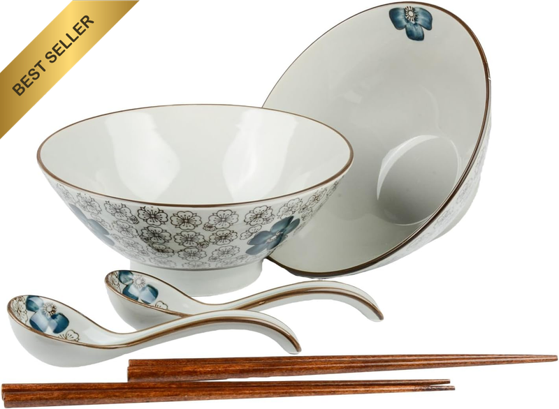 Ceramic Japanese Ramen Bowl Set 30 Oz Soup Bowls with Spoons and Chopsticks for