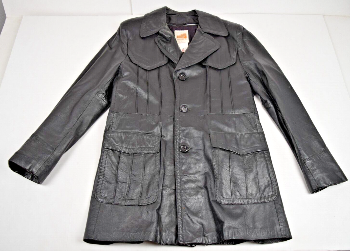 Vintage Leather Car Coat Shainos Size 42 80s Glossy Black
