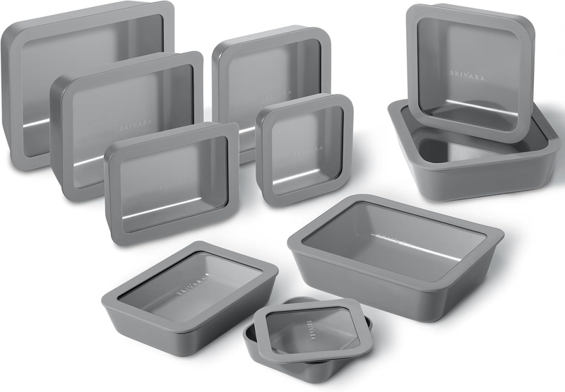 Ceramic Coated Glass Food Storage Containers | No PTFE, PFOA, PFAS, and BPA | Reusable Non Toxic Meal Prep Containers with Glass Lids | Easy to Store | 10 Piece Set [Smoke]