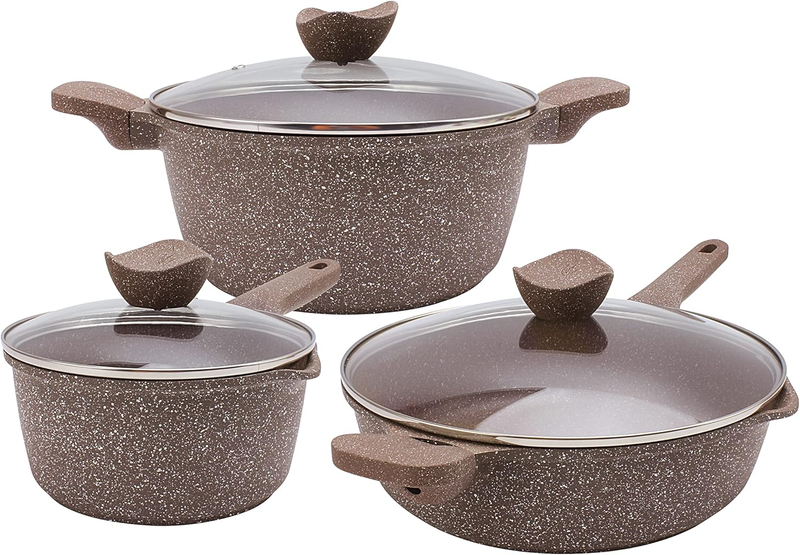 Non-Stick Cast Aluminum Cookware Set - Durable Kitchen Cookware for Everyday Cooking, Chocolate Brown, 6 Pc.