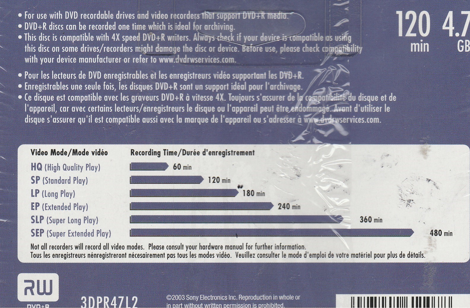 Sony DVD+R Discs - 3 Pack * New & Sealed * 4.7 GB 120 Min Recording