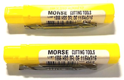 Morse 11/64'' x 3/16'' Double End Mill HSS 2 Flute Center Cut USA Made 2 Pack