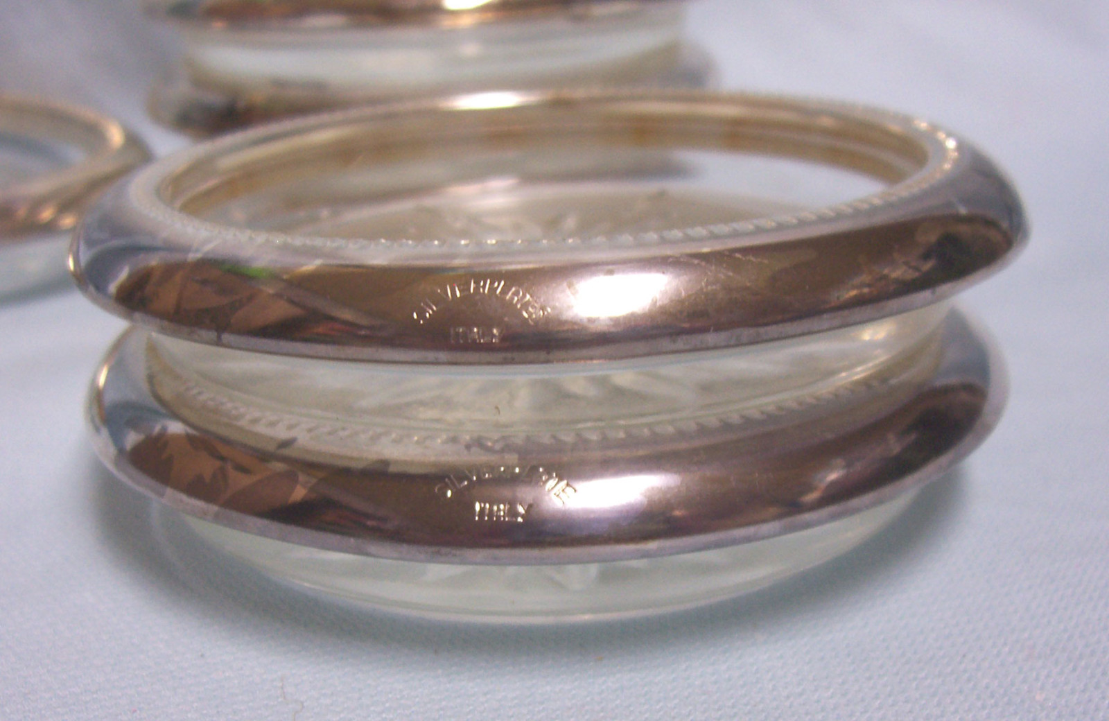GLASS COASTERS: Set (6) Glass Coaster with Silver Plated Rings from Italy