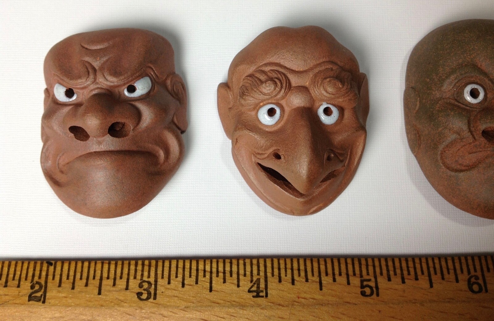 4 Signed Vintage Japanese Miniature Ceramic Pottery Clay Noh Mask Netsuke Enamel