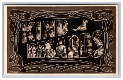 Large Letter Kind Regards With Beautiful Women, RPPC Postcard