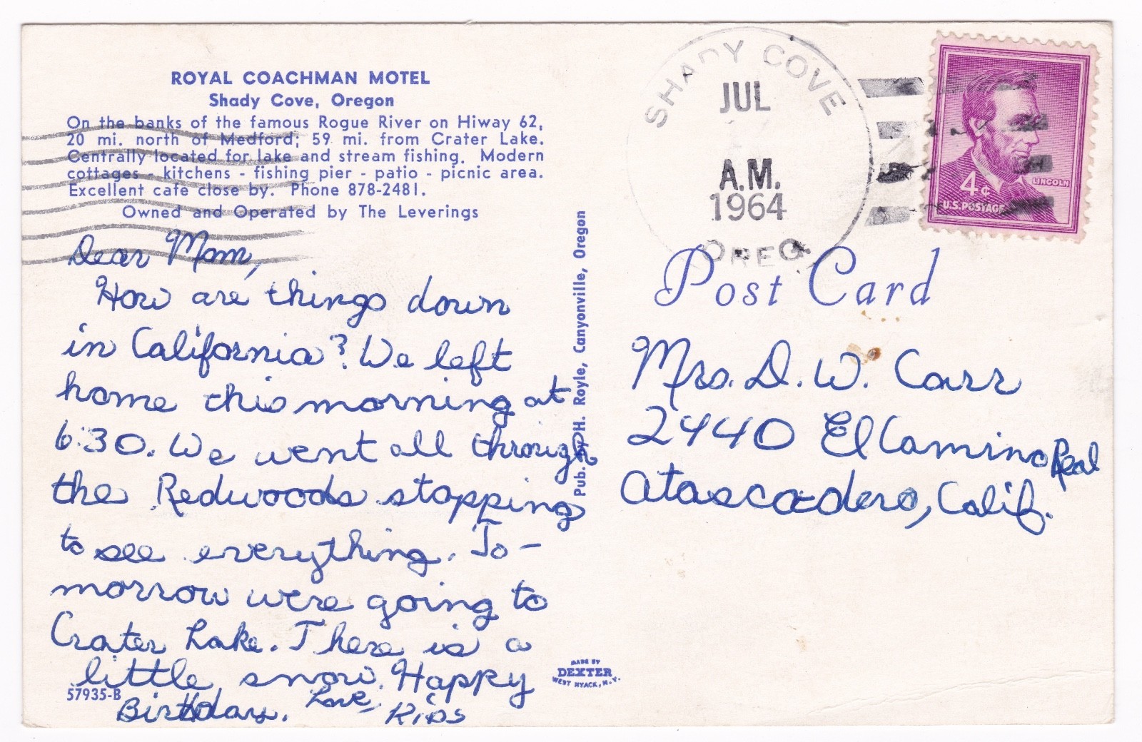 Postcard Royal Coachman Motel Shady Grove OR Rogue River Hwy 62 A3